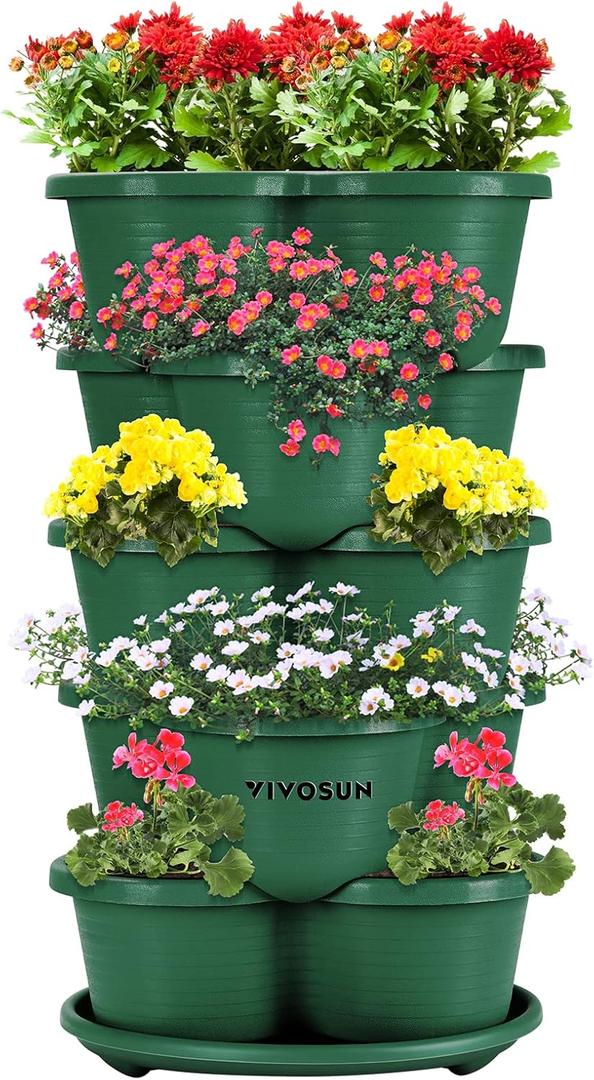 VIVOSUN 5 Tier Vertical Gardening Stackable Planter for Strawberries, Flowers, Herbs, Vegetables, Dark Green (1 Pack)