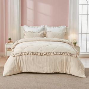 Simple&Opulence 100% Cotton Quilted Duvet Cover Set with Ruffle, 3 Pcs Muslin Gauze Comforter with Microfiber Filling, Shabby Chic Frill Farmhouse Rustic Handmade Stitching Bedding(Khaki, King)