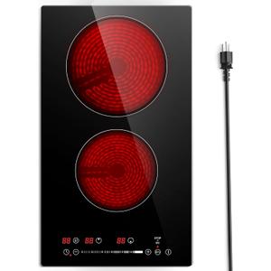 Euhomy 2 Burner Electric Cooktop 12 inch, 110V Plug in Electric Stove Top Burner, 16 Level and Touch Control, 1800W Built-in and Countertop Cooktop Stove, Child Lock, Timer, Residual Heat Indicator