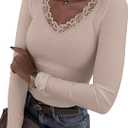LUXVEER Long Sleeve Shirts for Women Lace V Neck Ribbed Fitted T-Shirt Dressy Business Casual Blouses 2026 Trendy Fall Tops (M)