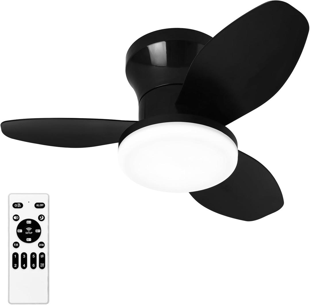 Small Ceiling Fan with Lights, 25" Flush Mount with Remote Control, Reversible Quiet DC Motor, Black, 3 Blades, 6 Speeds, Dimmable LED, Adjustable Color Temperature, Timer