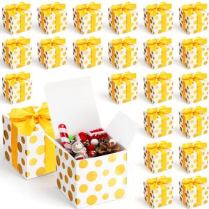 Sabary 25 Pcs Christmas Gift Boxes with Lids 4 x 4 x 4 Inches Candy Christmas Kraft Gift Boxes with Red Ribbons Small Present Box for Xmas Wedding Party Favor Birthday(Golden Dots Style)
