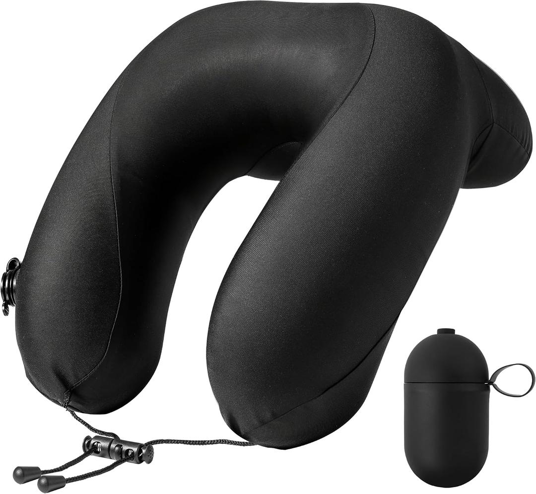 Inflatable Travel Neck Pillow for Airplane with Adjustable 360 Head & Neck Support, 2-in-1 Air Pump and Storage Bag, Soft Removable Washable Cover for Airplane, Train, Office (1, Black)