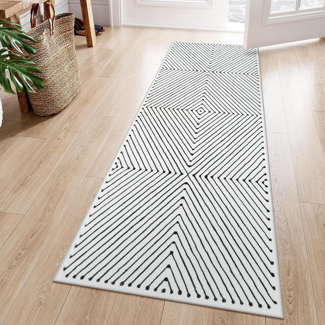 LIVEBOX Washable Runner Rug 2x6, Modern Kitchen Runners Entryway Runner Rug, Non-Shedding Non-Slip Indoor Carpet for Hallway Kitchen Entryway Laundry Room Bathroom (01-ivory/Black)