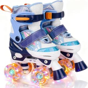 Roller Skates for Kids Ages 5 6 8 12 Year Old 4 Size Adjustable Quad Roller Skates for Girls Boys Toddler with Light Up Wheels Best Children Gift for Beginners Indoor Outdoor Sports (Small - Little Kid, Blue)