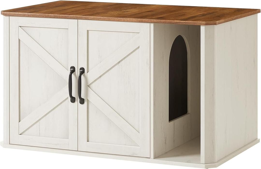 Feandrea Litter Box Enclosure, Modern Cat Litter Box Furniture Hidden, Front Entry, Double Doors, Handles, Cat House, Side End Table, 33.5 x 19 x 19.5 Inches, Honey Brown and Rustic White UPCL012K01  