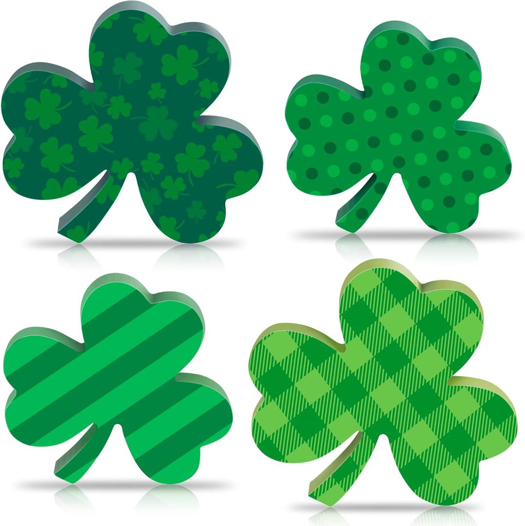St Patricks Day Wooden Shamrock Decoration, 4-Piece Set of St. Patrick's Day Tabletop or Tray Multi-Layer tiered tray decor Tray Decoration, shamrock decorations, Office Decor (Green02)