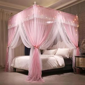 VETHIN 4 Corners Post Ruffle Princess Bed Canopy Curtain-Double Layer Cozy Drape Netting 4 Opening Mosquito Net for Girls Adults Bedroom Decoration (Pink/Whtie, 47" W*78" L*82" H/Twin)