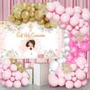 MEHOFOND First Holy Communion Baptism Decorations for Girls, Pink White Gold Balloon Garland Kit with Floral Cross Backdrop God Bless Christening Party Supplies