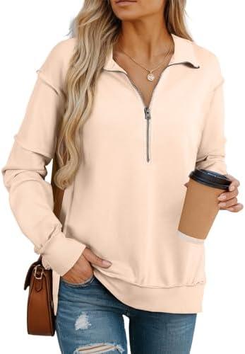 BLENCOT Womens Oversized Sweatshirt Half Zip Fleece Pullover Long Sleeve Fall Side Slit Tops Medium, Beige 
