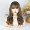 XIXIBI Ombre Wig with Bangs for Women, Brown Mixed Caramel Blonde Highlights Curly Wavy Wigs, Beginner Friendly 4x4 Realistic Scalp, Face-Framing Layered Synthetic Wigs for Daily Party Use 18Inch
