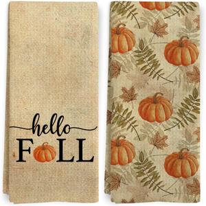 Vintage Fall Pumpkin Kitchen Towels Set of 2, Retro Hello Fall Dish Tea Towels for Kitchen, Farmhouse Autumn Pumpkins Leaf Decorative Hand Towels for Bathroom, 16x24 Inch