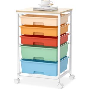 Craft cart,Rolling Cart with Drawers,Storage Cart with 5 Drawers and Wooden Tabletop for Under Desk Organizers and Storage,Macaron