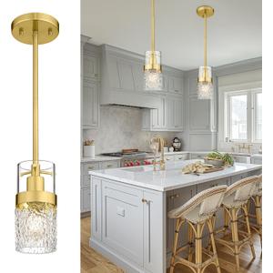 LMS Gold Pendant Light, 1-Light Pendant Lighting for Kitchen Island with Hammered Glass, LMS-171