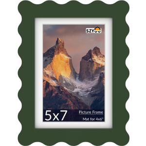 5x7 Wavy Picture Frame with Mat for 4x6, Real Glass and Wooden Frame - Tabletop or Wall Hanging Photo Frame(1 Pack, Green)
