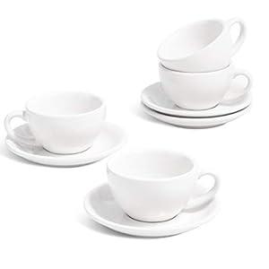 LE TAUCI 3 oz Espresso Cups with Saucers, Set of 4 Ceramic Demitasse Cup and Saucer Set for Double Espresso Shot, Lungo, Ristretto, Embossed Coffee Cups, White