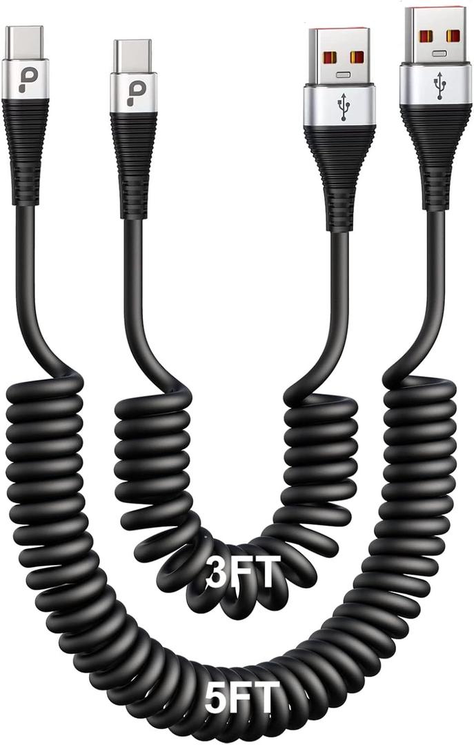 USB Type C Coiled Cable Fast Charging (3FT/5FT), 2Pack Android Auto Charging Cord for Car, Short USB A to USB C Charge Cable Compatible with iPhone 17/16/15/Pro Max/Samsung Galaxy S20 Note 10 and More (Silver)