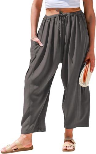 TARSE Womens Linen Wide Leg Pants Casual Loose Drawstring Summer Beach Travel Vacation Palazzo Harem Pants with Pockets M 33", Gr TARSE Womens Linen Wide Leg Pants Casual Loose Drawstring Summer Beach Travel Vacation Palazzo Harem Pants with Pockets M 33", Gr