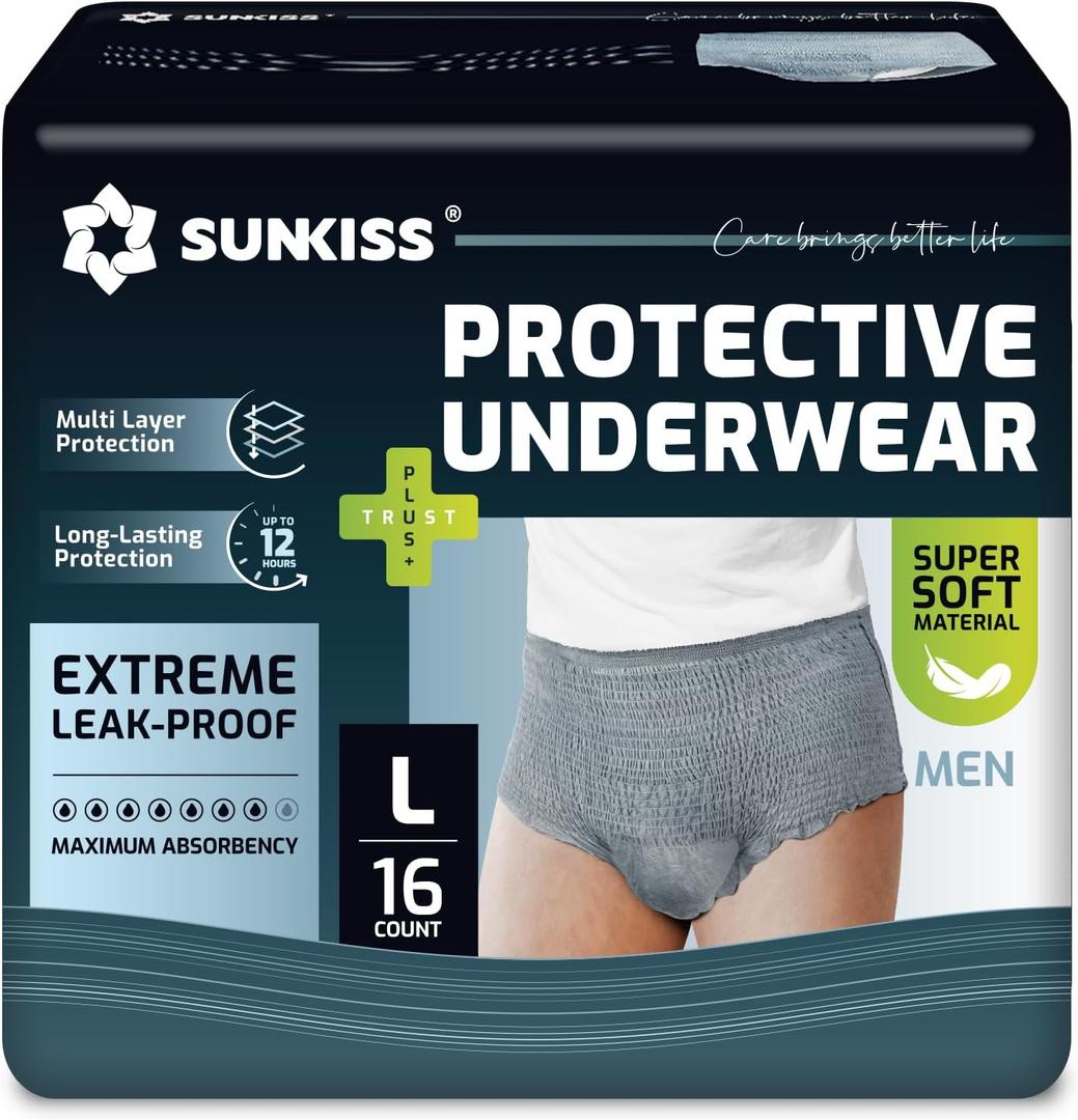 SUNKISS Incontinence Underwear for Men, Daytime Disposable Adult Pull Ups, Mens Protective Briefs with Maximum Absorbency, Large, Grey, 16 Count