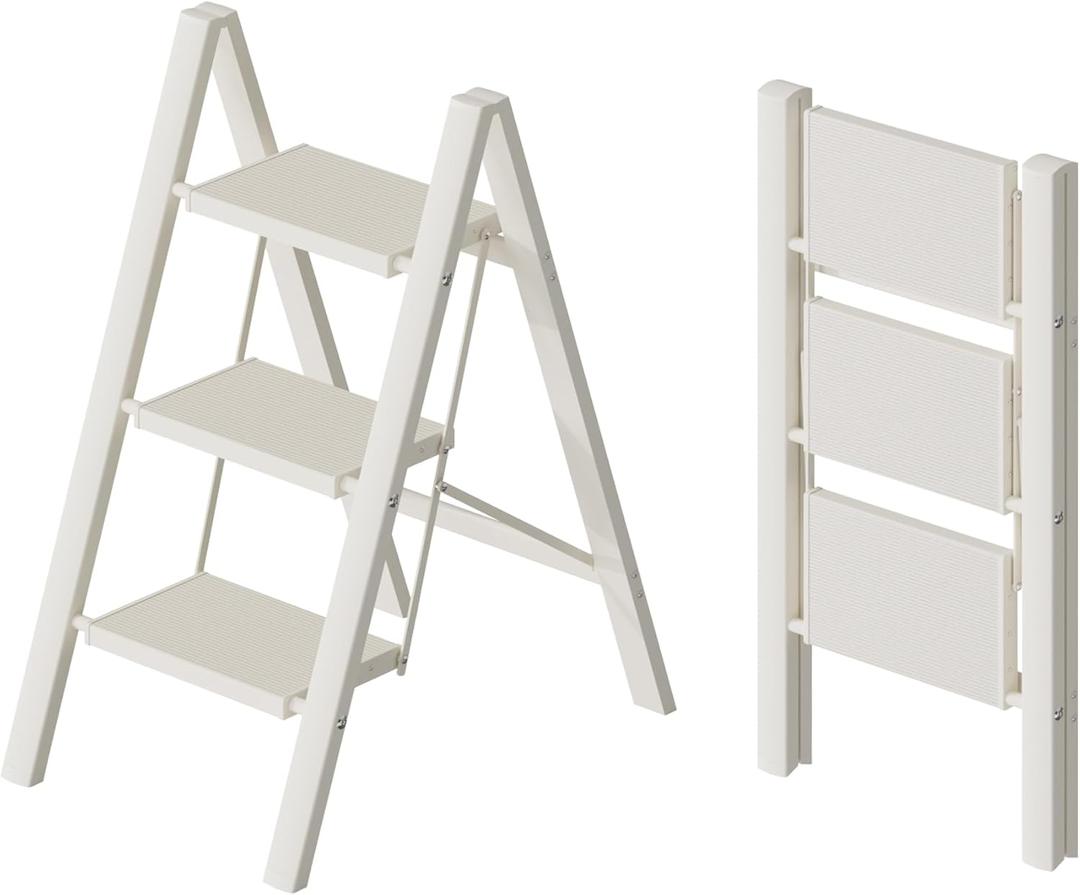 HillhutApex 3 Step Ladder, Lightweight Portable 3 Step Stool with Anti-Slip Wide Pedal, 330lbs Capacity Aluminum Ladder for Household,Office,Kitchen(White)