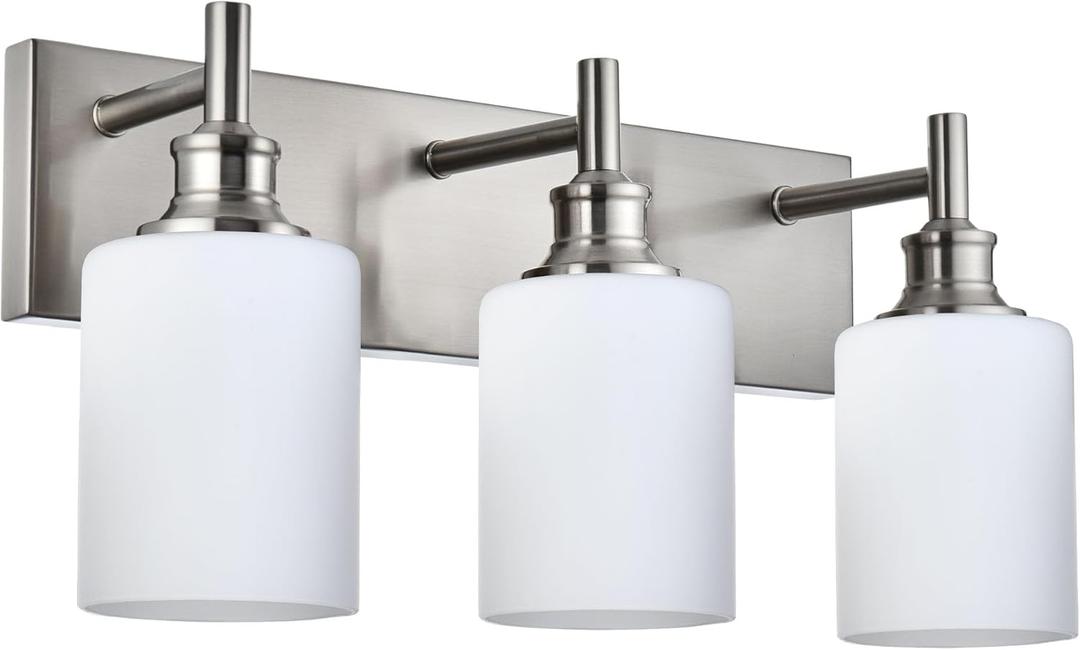 Brushed Nickel Bathroom Lighting Fixtures Over Mirror 3 Light Bathroom Vanity Light with Opal White Glass Shade, Modern Wall Sconces Lighting Vanity Fixtures for Bedroom Living Room