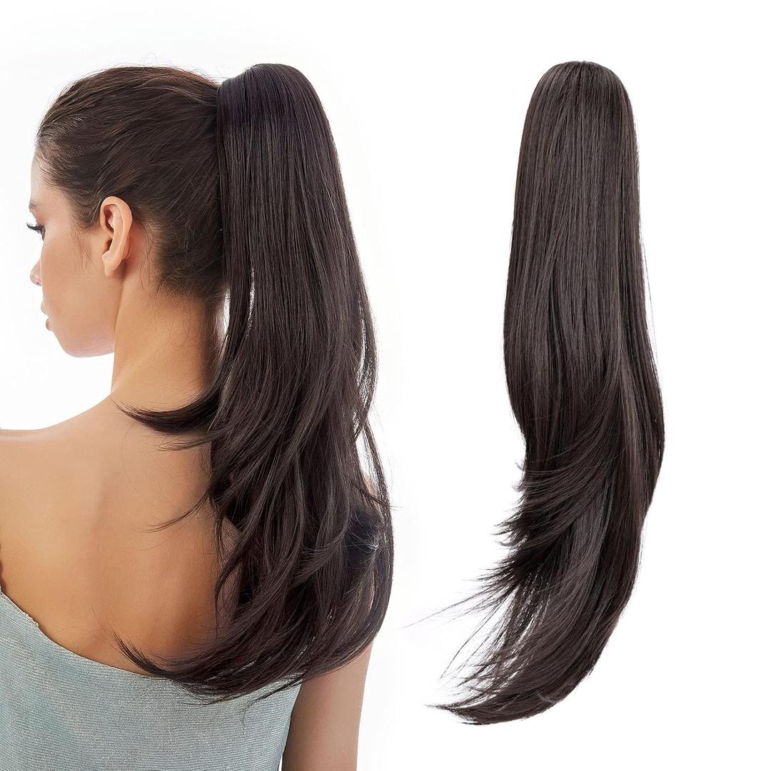 Ponytail Extension, 20" Long Claw Hair Extension Synthetic Wavy Straight Hairpieces Clip in Ponytail Wig Daily Fluffy Pony Tail for Women (Darkest Brown)
