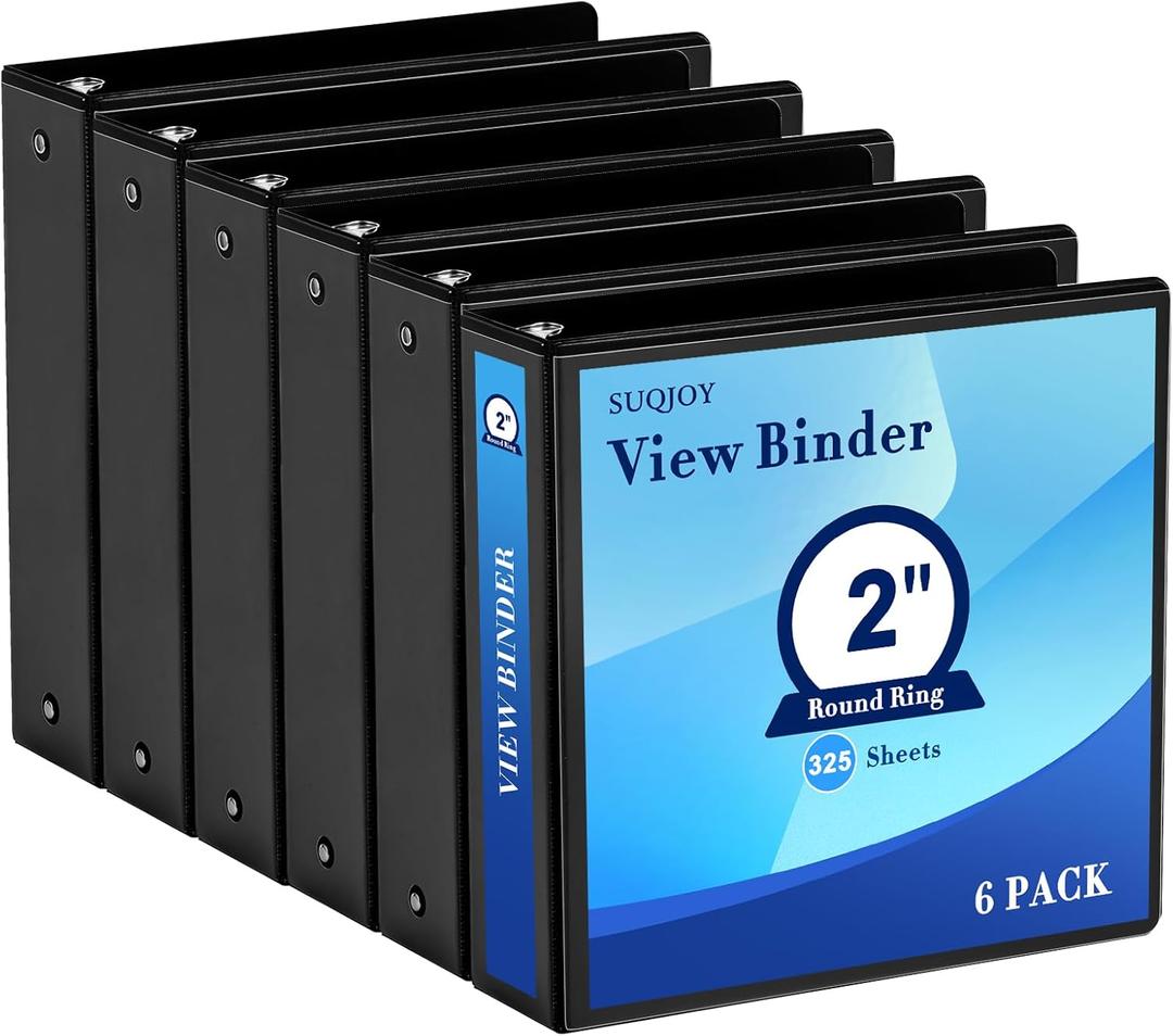 2 Inch 3-Ring Binder, 2" Round Ring Binder with 2 Inside Pockets, 6 Pack Black Binders, Clear View Cover, Holds Up to 450 Sheets 8.5" x 11" PaperStudy Binders for Office/Home/Back to School