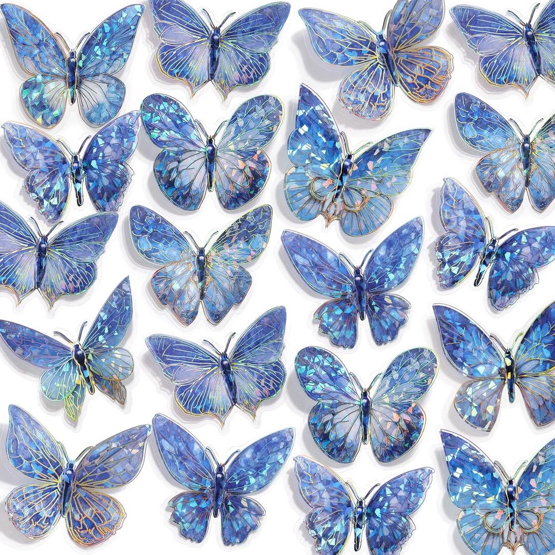 50 PCs Butterfly Wall Decor Cute Fairy Butterflies Wall Stickers 3D Butterflies for Birthday Cake Wedding Party Craft Room Decor Removable DIY Wall Decals sm- (Blue)