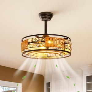 19.7" Boho Caged Crystal Ceiling Fan with Lights and Remote, Flush Mount Enclosed Handmade Rope Ceiling Fan, Low Profile Reversible Fandelier Bladeless Chandelier Fan Light for Bedroom