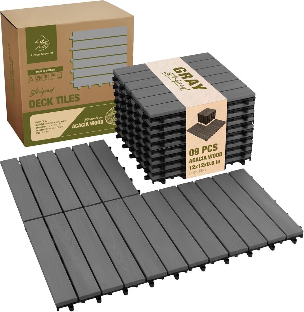 Premium Acacia Wood Interlocking Deck Tiles, 9 PCS 12"x12"x0.9" Patio Flooring, Outdoor Waterproof Decking Tiles for Balcony, Backyard & Patio, All Weather Use (Gray - Striped Pattern)