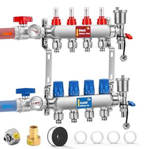 Moonshan 4-Branch Radiant Heating PEX Manifold Kit for Hydronic Radiant Floor Heating Stainless Steel Manifold Kit for PEX Tubing (1/2’’ and 3/4’’ Adapters Included)