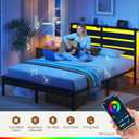 Rolanstar Full Size Bed Frame with USB Charging Station, LED Bed Frame with Wood Storage Headboard, Black Metal Platform Bed with Under Bed Storage, No Box Spring Needed, Noise Free