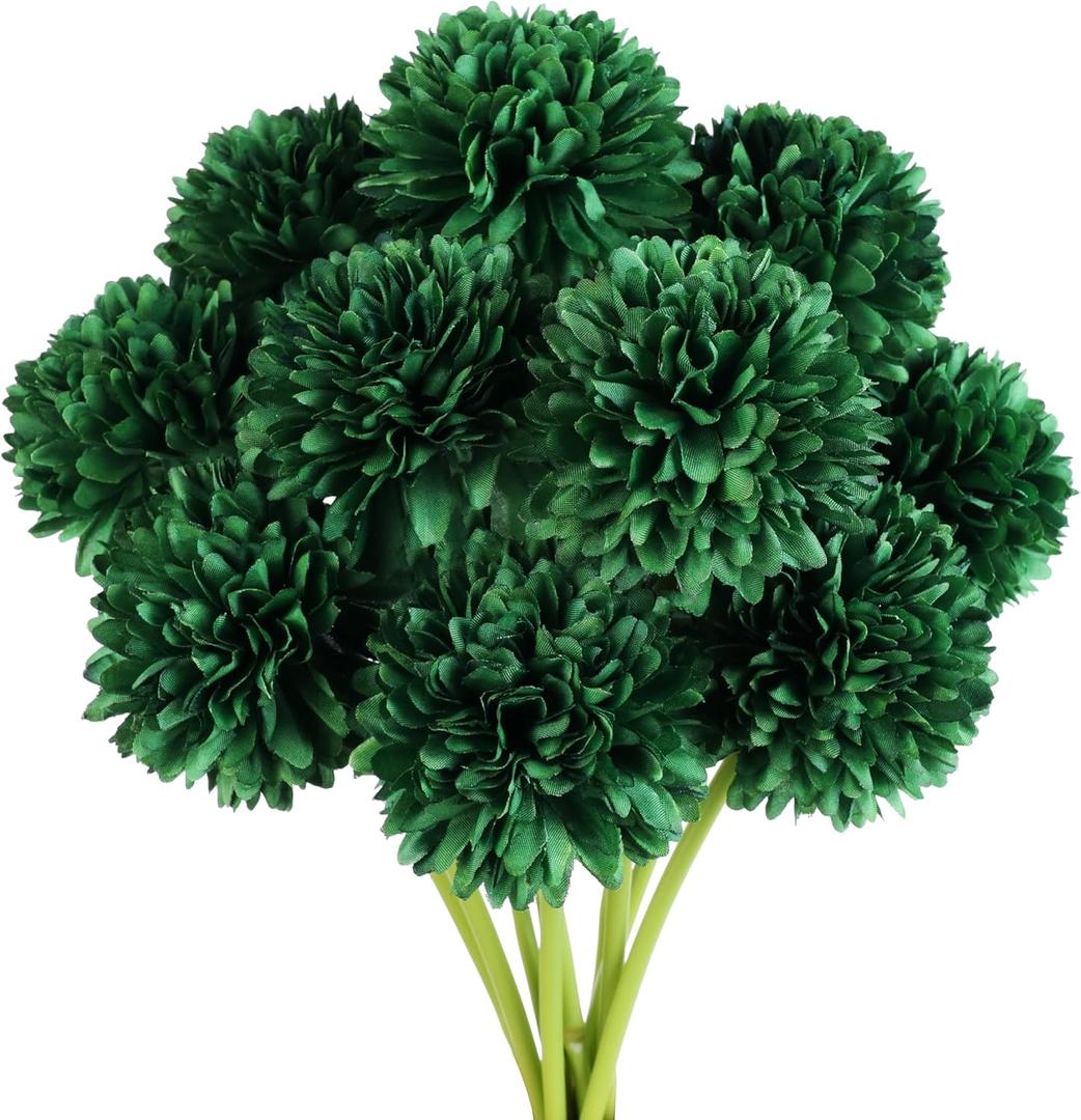 Jim's Cabin Artificial Flowers 10 Pcs Fake Silk Artificial Chrysanthemum Ball Hydrangea Bridal Wedding Bouquet for Kitchen Home Decor (Blackish Green)
