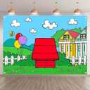 Fabric 7x5ft Cartoon Red House Photography Backdrop Blue Sky Grass Balloon Outdoor Background Party Decorations Kids Birthday Photo Booth Banner