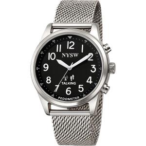 Men’s Atomic Time Sync Analog Pedometer Watch, Walking Step Counter, Calories & Miles, American Voice Announces Time/Date & Steps, No Bluetooth No EMF, Large Display, Stainless Steel Band