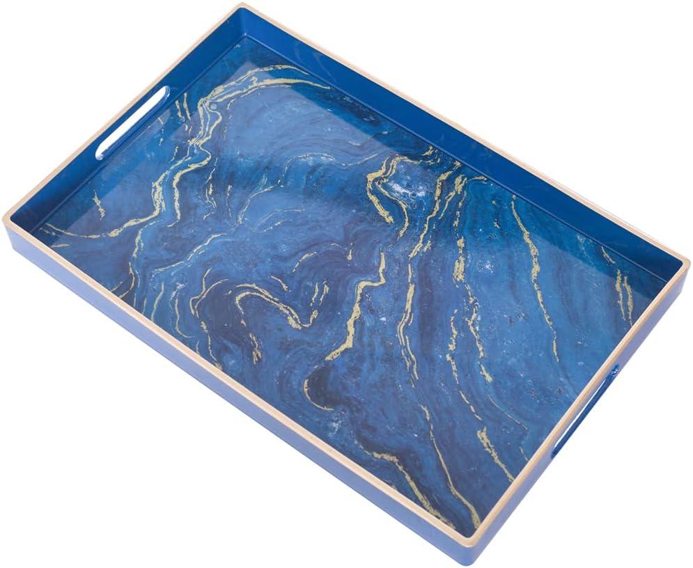 MAONAME Decorative Tray, Plastic Marbling Tray with Handles, Rectangular Coffee Table Tray and Serving Tray for Ottoman, Bathroom, 15.7 x 10.2, Blue