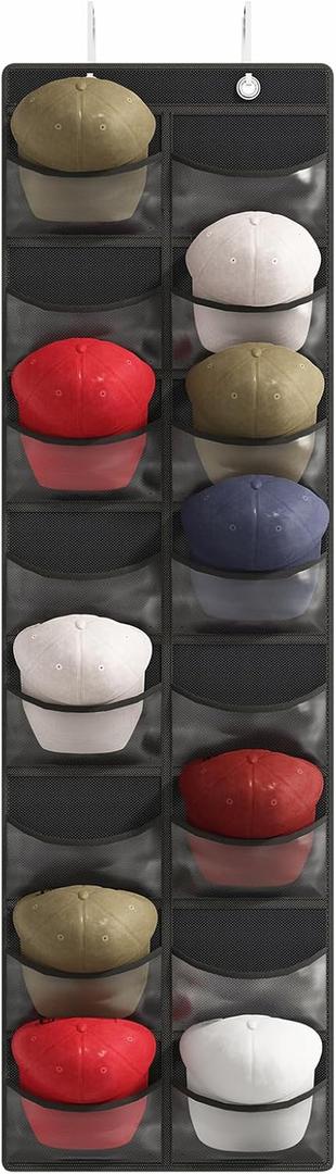 Fixwal Hat Organizer for Baseball Caps, 16 Pocket Over The Door Hat Rack For Storage Closet Wall, Cap Holder Hanger with Large Clear Pockets & 2 Hooks, Hat Storage to Protect and Display, Black