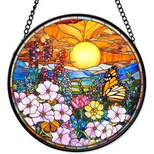 Stained Glass Window Hanging 7.8'' Wildflower Suncatchers Sunset Landscape Suncatcher Floral Stained Glass Ornaments Home Decor Mother's Day Plant Lover Gifts for Women Mom Nana Wife Couples