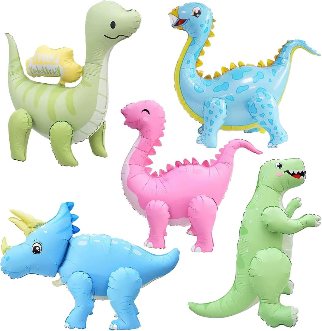LilyZheng 5-Pack Self-Standing 3D Dinosaur Balloons Pastel Foil Balloons Inflatable Dino Party Decorations for Kids Birthday Jurassic Theme Dinosaur Supplies