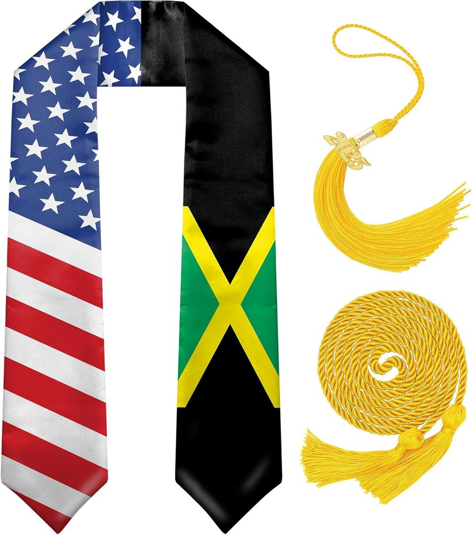 Graduation Stole Class of 2026 with Cap Tassel,and Honor Cord - Mixed Flag Graduation Sash for Graduation's Day 72"