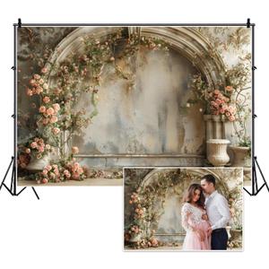 10x8ft Spring Flowers Wedding Backdrop Vintage European Palace Wall Pink Rose Floral Photography Banner for Womens Day Birthday Mothers Day Bridal Shower Valentines Day Girl Women Portrait