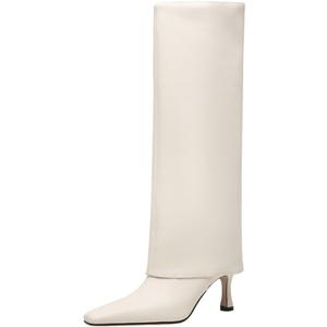 Goolita Women's Stiletto Heel Knee High Boots Square Toe Slip On Fold Over Boots For Women Leather Comfortable Dress Tall Boots (8.5, White)
