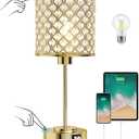 GyroVu Crystal Table Lamp, Crystal Touch Control with USB-C+A Ports, 3 Way Dimmable Gold Bedside Lamp with Bulb (17")