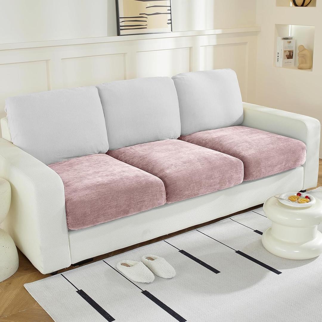 Couch Cushion Covers Individual Large Super Stretch Chenille (Softer Version) Sofa Cushion Covers, Couch Seat Covers Couch Slipcovers Furniture Protector (3PC, Pale Pink)