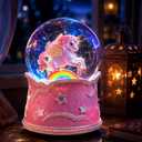 Pink Unicorn Snow Globe with Lighted Rainbow & Lullaby Music LED Musical Snow Globe with Floating Glitter, Elegant Decorative Gift, for Girls, Bedroom & Nursery Decor, Birthday (Blush Petal Pink (Lullaby Melody Tune)