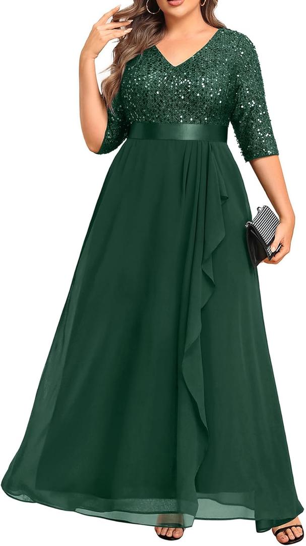 Plus Size Formal Dresses - V Neck 3/4 Sleeves Sequin Evening Gowns Prom Gala Wedding Guest Chiffon Long Maxi Dress (Green). 20 W