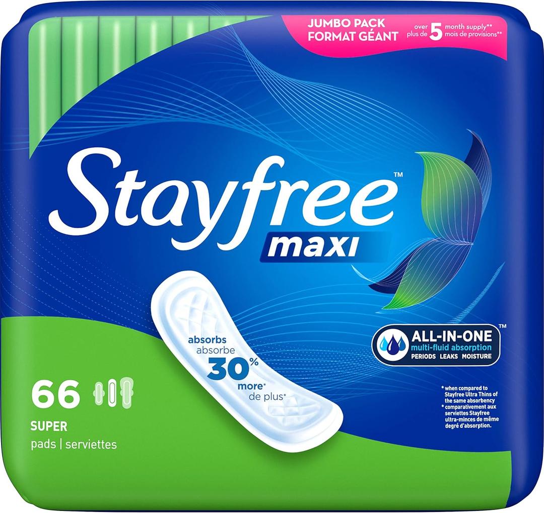 Stayfree Maxi Pads for Women, Super - 66 Count & Carefree Panty Liners