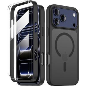 COOLQO for iPhone 17 Pro Max Case with Screen Protectors, Compatible with MagSafe, Military Grade 17FT Drop Protection, Shockproof Protective Dual-Layer Magnetic Translucent Matte Phone Cover, Black