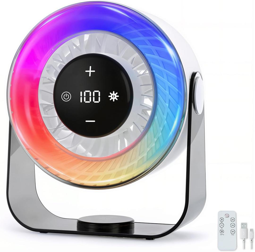 Desk Fan for Bedroom,Quiet Rechargeable Colored LED Light Table Fan | 100 Speed Digital Display USB Rechargeable Desktop Fan,Light up Personal Fans For Home Office Camping Traveling Make Up,White