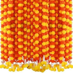 6 Pcs 5 Feet Long Strands Marigold Flowers Garland with Pendant Indian Wedding Decoration Artificial Decorations for Altar Faux Flower for Diwali, Pooja, Bush Floral Party (Dark Orange, Yellow)